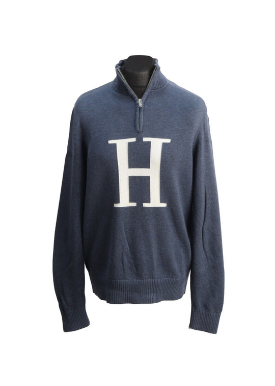 TOMMY HILFIGER Jumper Blue Cotton Zip Neck Men Pullover Size M