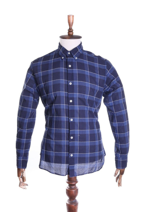 MASSIMO DUTTI Navy Blue Check 100% Cotton LS Shirt Size L