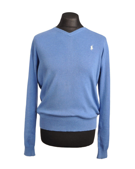 RALPH LAUREN Sweater Blue Cotton V-Neck Ribbed Trim Mens Knit Pullover Size S