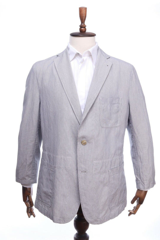 BURBERRY LONDON Grey Pinstriped Linen Cotton Blazer Jacket Size 54