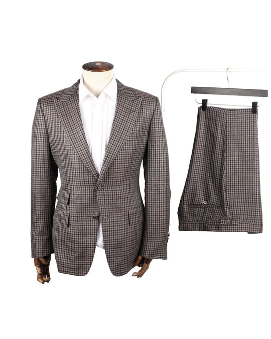 TOM FORD Peak Lapel Suit Brown Check Wool Silk Linen Men's 50 IT / 40 US