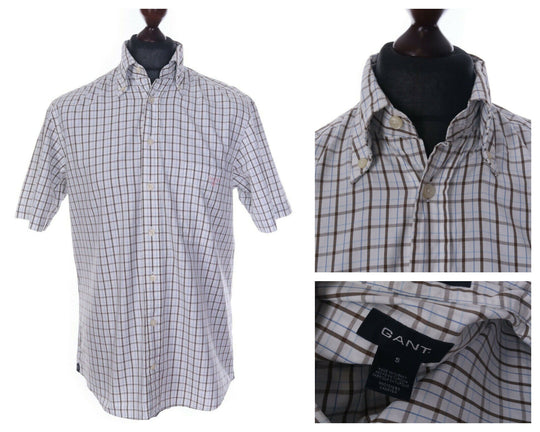 Men's GANT White / Brown 100% Cotton Pinpoint Oxford Short Sleeve Shirt Size s