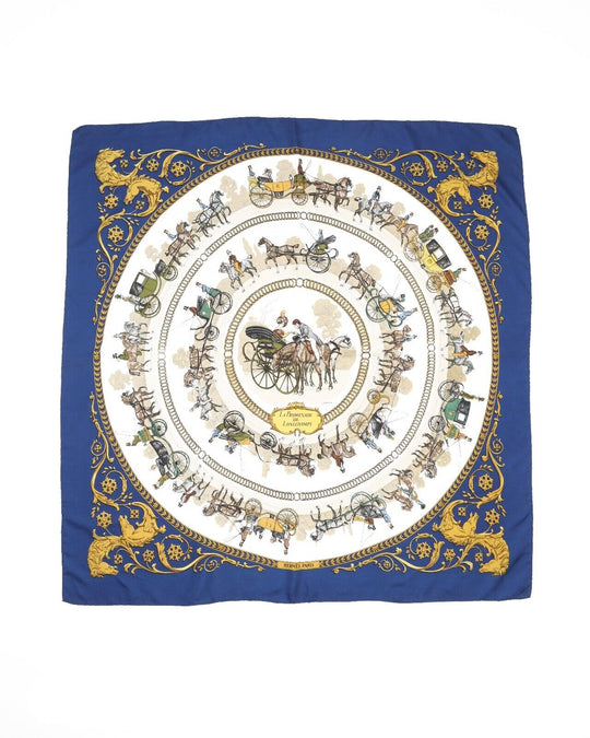 HERMES Paris Scarf La Promenade de Longchamps Blue Silk Square First Issue