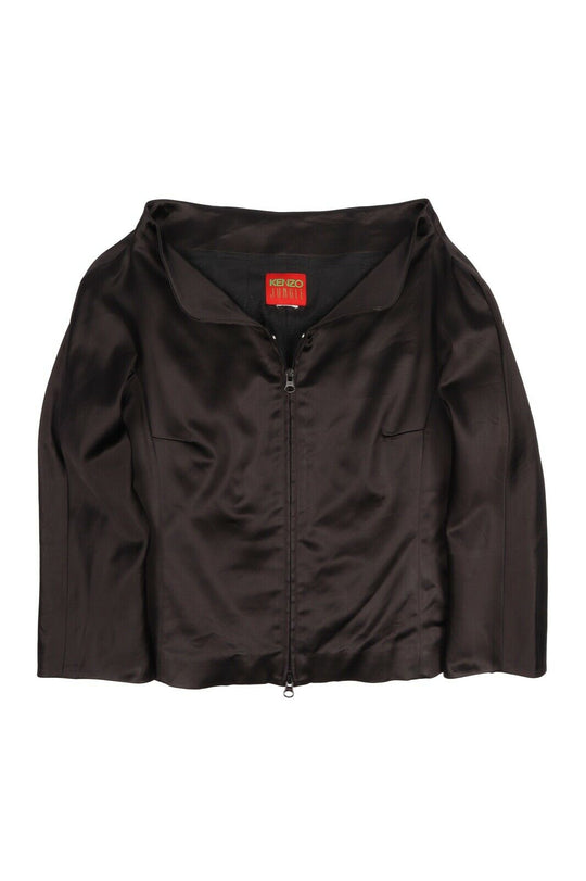 Women's Vintage KENZO Jungle Black Satin Zip Blazer Short Jacket Size ~ s