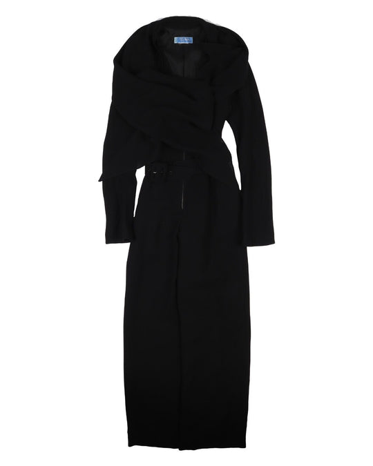 Vintage THIERRY MUGLER Jumpsuit Shawl Neck Black Women's Wool Belt Dress Size 38
