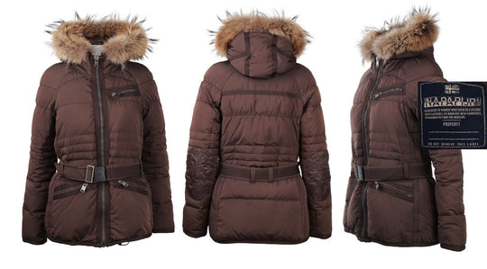 Women's NAPAPIJRI Brown Down Hooded Belted Jacket Size M