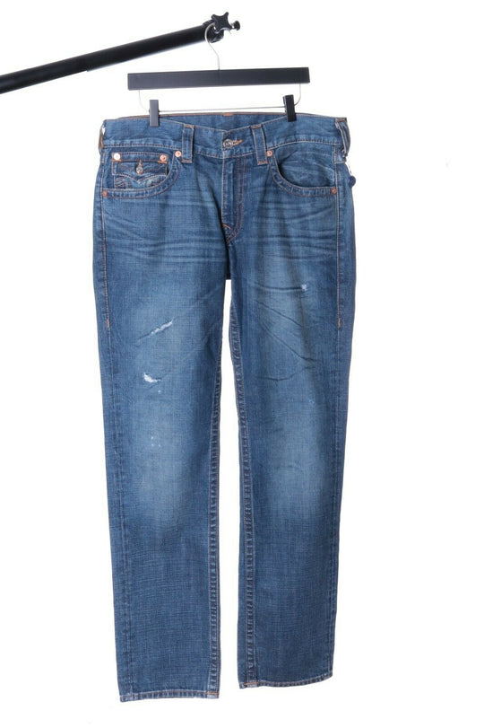 Men's TRUE RELIGION Navy Cotton Denim Slim W / Flaps Jeans Size 33