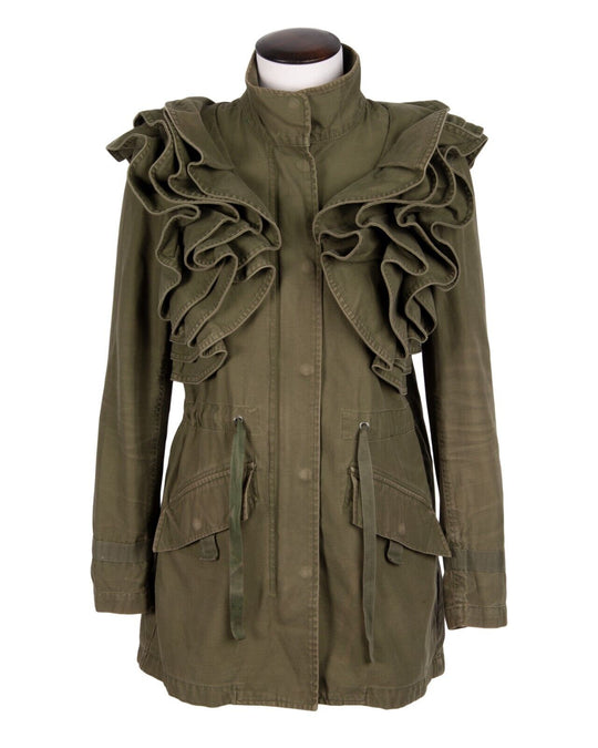 VALENTINO x GAP Army Jacket Green Cotton Women's Ruffles Unlined Parka Size S