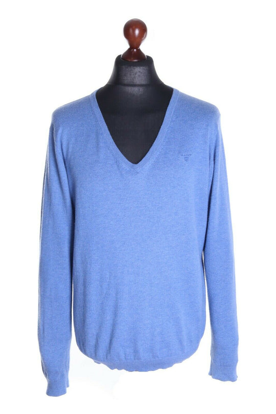 Men's GANT Blue Cotton Wool V-Neck Sweater Size 2XL
