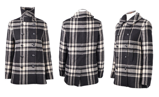 Women's RALPH LAUREN Black Check Cashmere Wool Double-Breasted Short Coat Sz 10