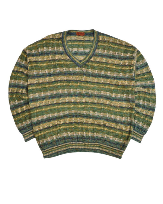 Vintage MISSONI V-Neck Sweater Multicolor Striped Mens Knit Pullover Size 54 XL