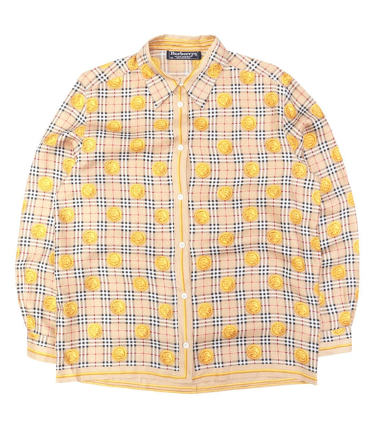 Women's Vintage BURBERRYS Beige Nova Check Monogram Coins Silk Shirt Size M