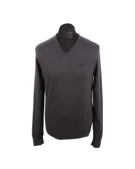 FRED PERRY Pullover V Neck Gray Wool Cotton Men's Jumper Size M