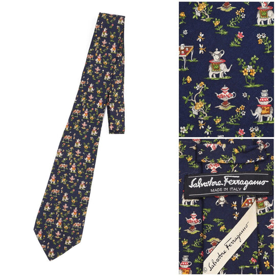 SALVATORE FERRAGAMO Tie Blue Elephant Silk Men's Woven Necktie