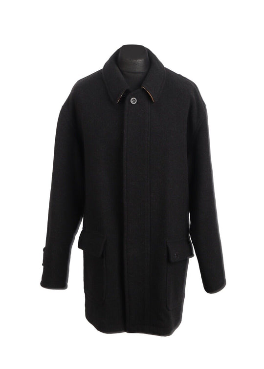 BURBERRY Trench Coat Black Wool Nova Check Collar Men's Overcoat Size ~ XL
