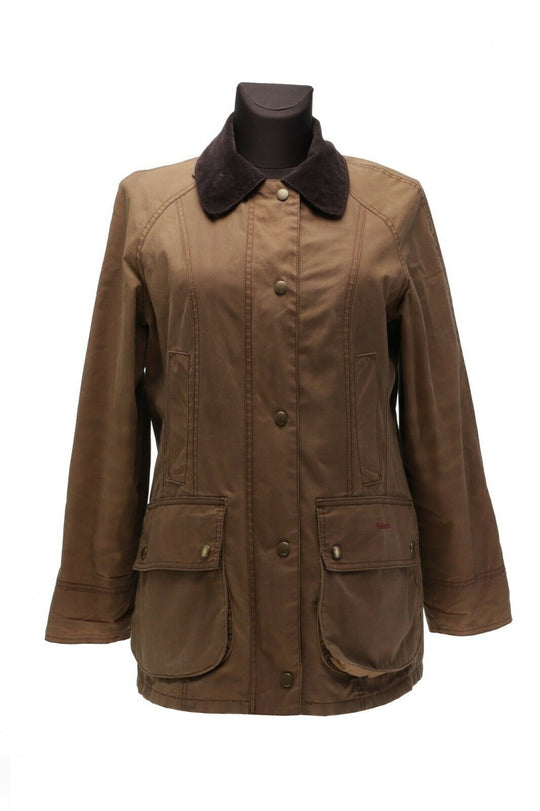 Women's BARBOUR Khaki Waxed Cotton Printed Beadnell Jacket Size UK 10 USA 6