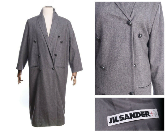 JIL SANDER + Grey 100% Wool Long Coat Ovecoat Size 42