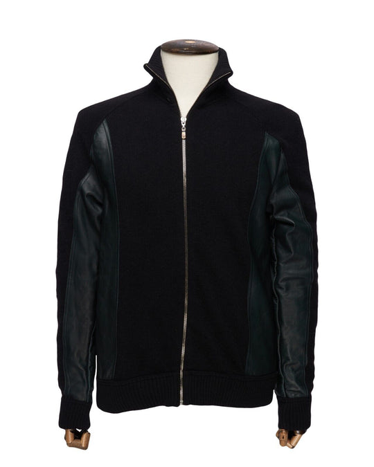 VERSACE Full Zip Black Cashmere Mens Leather Trim Cardigan Size 50 IT
