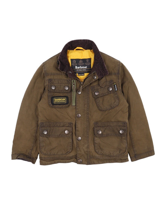BARBOUR International Boys Rake Jacket Olive Waxed Motorcycle Kid's Size XS