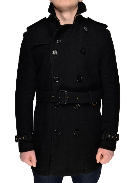 BURBERRY Overcoat Nova Check Collar Black Wool Belted Double Breasted Coat Sz M