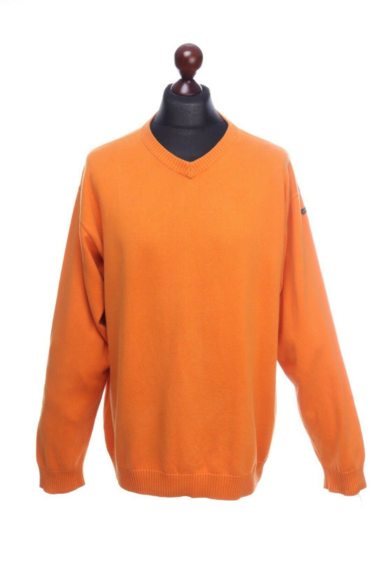 PAUL & SHARK Bretagne Light Yachting Orange Cotton V-Neck Sweater Jumper Size XL