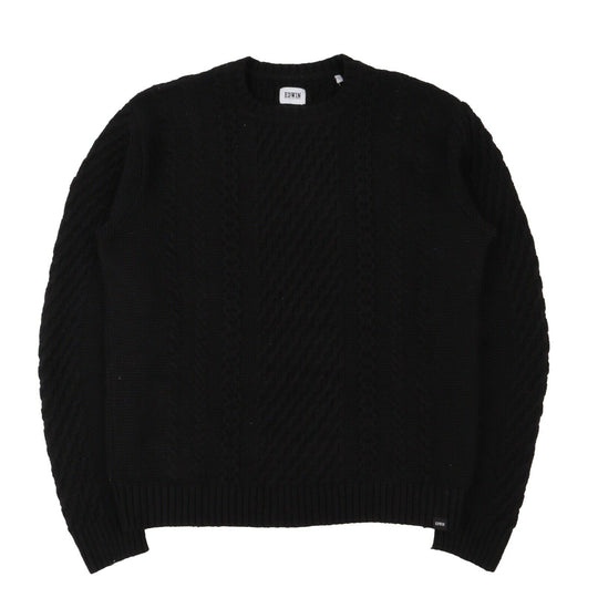 Men's EDWIN Black Cable Knitted Crew Neck Jumper United Sweater Size L