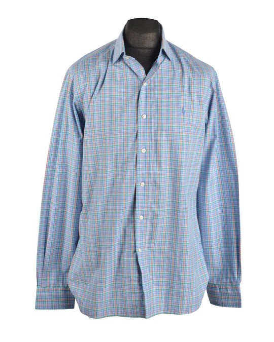 Men's POLO RALPH LAUREN Blue Check Cotton Slim Fit Shirt Size 16.5