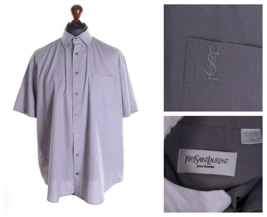 Men's YVES SAINT LAURENT Grey Cotton Blend Short Sleeve Shirt Size XL