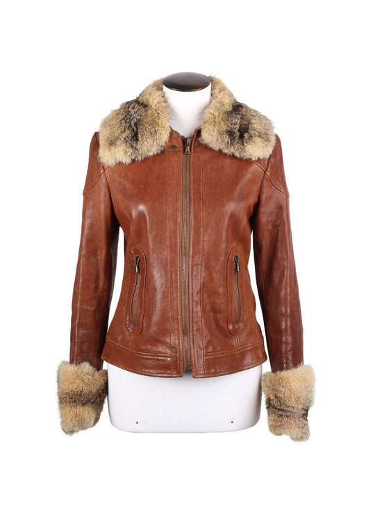 DOLCE & GABBANA Jacket Brown Fox Fur Trim Leather Women's  Bomber Size 44 IT