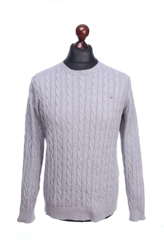 GANT Grey Cotton Cable-Knitted Crew Neck Jumper Size L