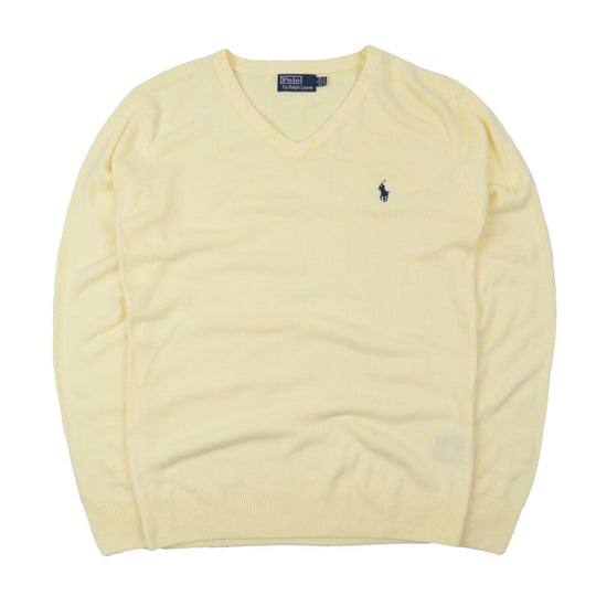 Men's POLO RALPH LAUREN Pale Yellow Cotton V Neck Sweater Jumper Size L