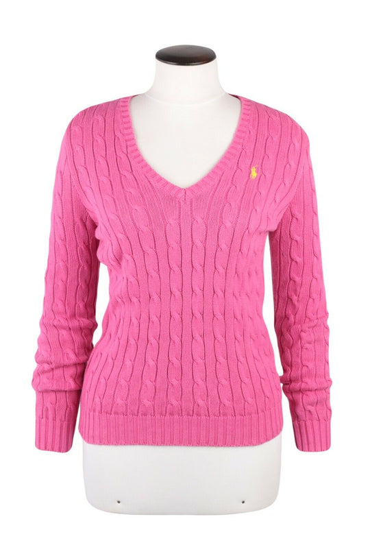Women's RALPH LAUREN Sport Pink Cotton Cable Knit V Neck Jumper Size XS