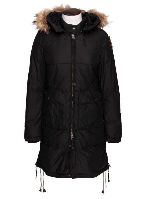 PARAJUMPERS Long Jacket Black Down Coat Womens Fur Hooded Parka Size S