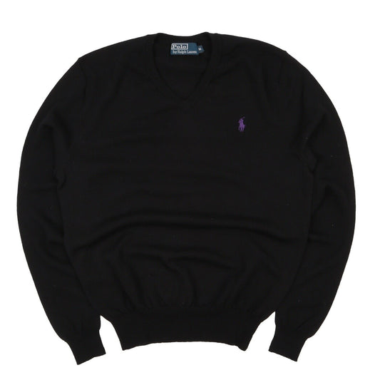 Men's POLO RALPH LAUREN Black Merino Wool V-Neck Jumper Size M
