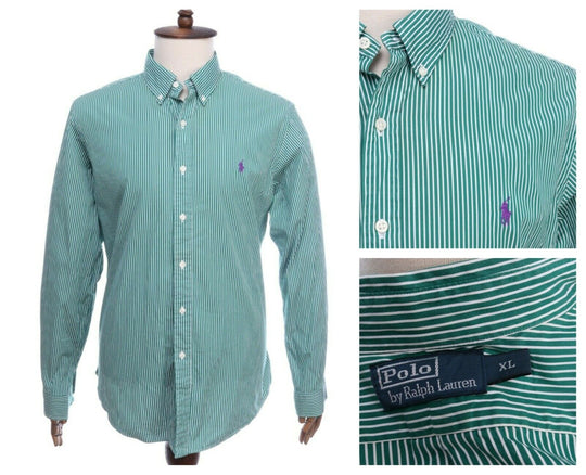 Men's POLO RALPH LAUREN Green Striped Cotton Shirt Size XL