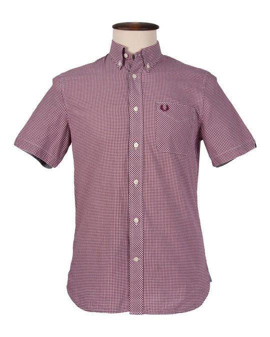 FRED PERRY Shirt Burgundy Check Plaid Cotton Men's Short Sleeve Size M
