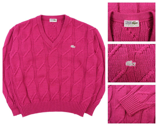 Men's Vintage Lacoste Pink Cable Knit V Neck Jumper Size 1 / S