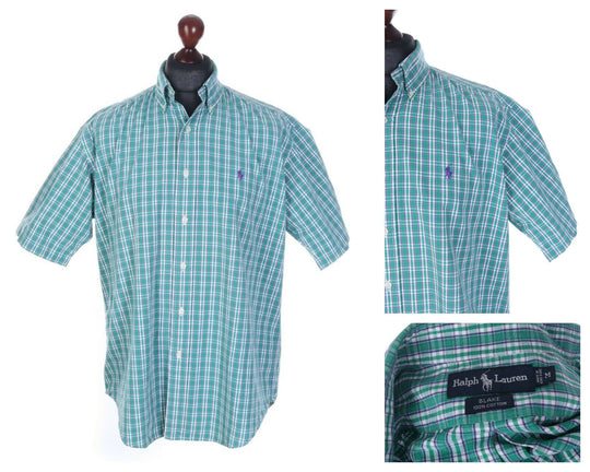 Men's RALPH LAUREN BLAKE Green Check 100% Cotton Short Sleeve Shirt Size M
