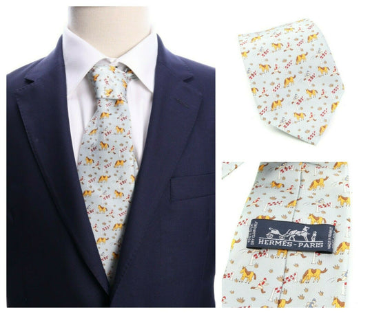 Men's HERMES 100% Silk Light Blue Horse Riding Tie Necktie