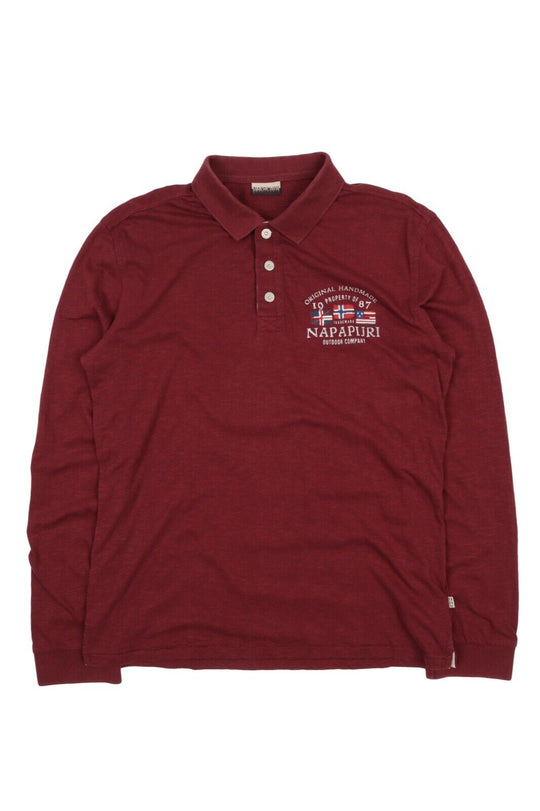 Men's NAPAPIJRI Bordeaux Red Long Sleeve Polo Shirt Size L