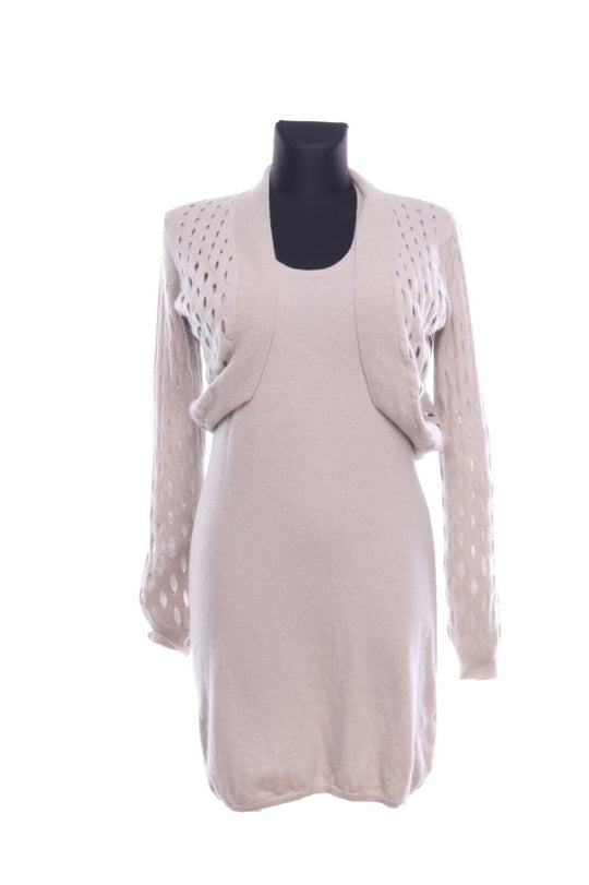 ALLUDE Beige Cashmere Perforated Cardigan & Dress 2 Piece Suit Size S
