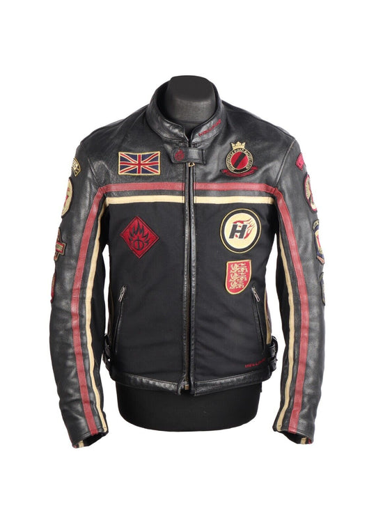 HELLFIRE Jacket Black Patch Embroidered Leather Moto Biker Zip Short Men's Sz M
