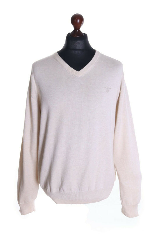Men's GANT Ivory 100% Cotton V-Neck Jumper Sweater Size 2XL