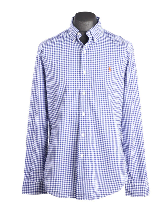 Men's POLO RALPH LAUREN Blue Gingham Check Cotton Shirt Size L Slim Fit