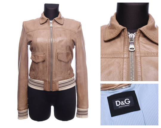 DOLCE & GABBANA Beige Leather Full Zip Jacket Size 42