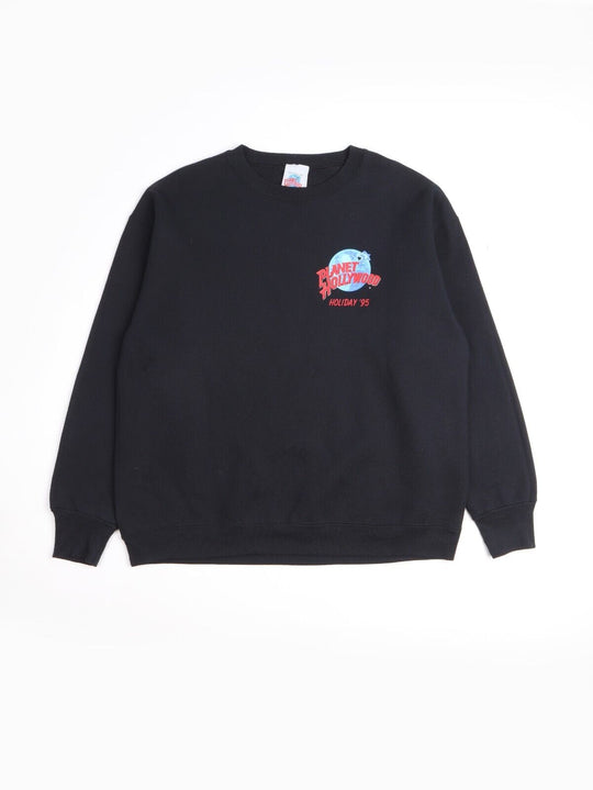 Vintage '95 PLANET HOLLYWOOD Sweatshirt Black Cotton Mens Logo Pullover Size XL