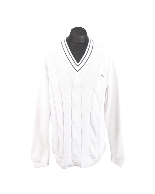 LACOSTE Sweater White Cable Knit Cotton Men's College Jumper Size 6 / L