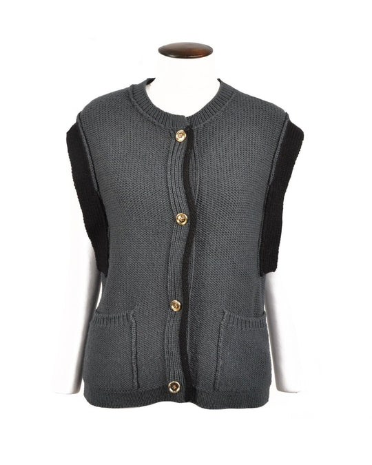 SONIA RYKIEL Vest Navy Green Button Front Rib Trim Womens Knit Sweater Size 38