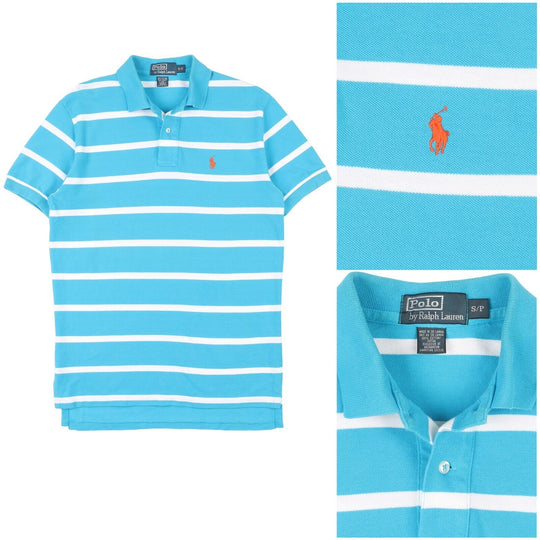 RALPH LAUREN Polo Shirt Blue Striped Pique Cotton Short Sleeve Mens Size S