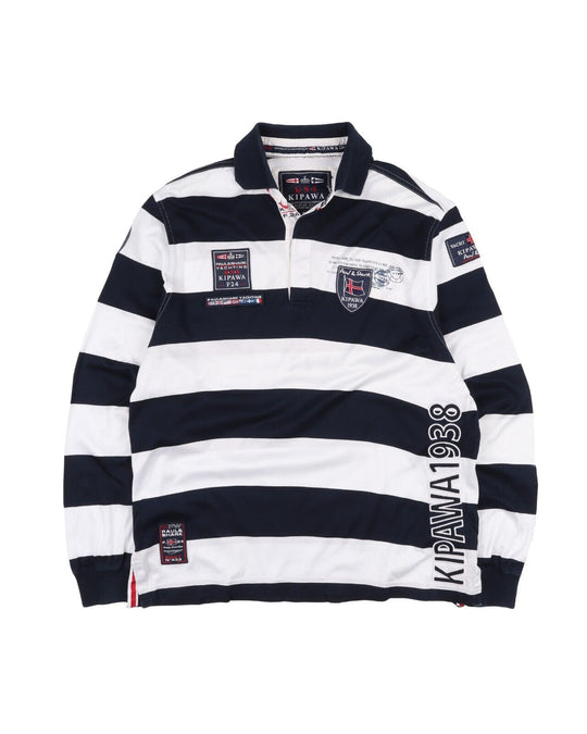 PAUL & SHARK Kipawa Polo Collar Navy Blue Striped Cotton Rugby Shirt Mens Size L